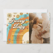 Groovyベビーレトロレインボーベビーシャワーパーティー写真 招待状 (正面)