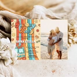 Groovyベビーレトロレインボーベビーシャワーパーティー写真 招待状