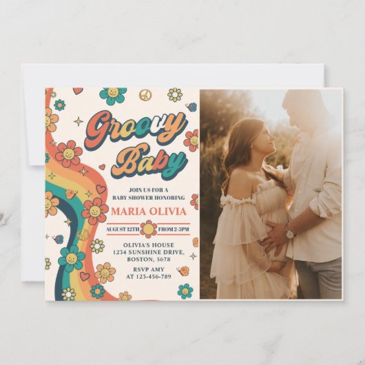 Groovyベビーレトロレインボーベビーシャワーパーティー写真 招待状 (正面)