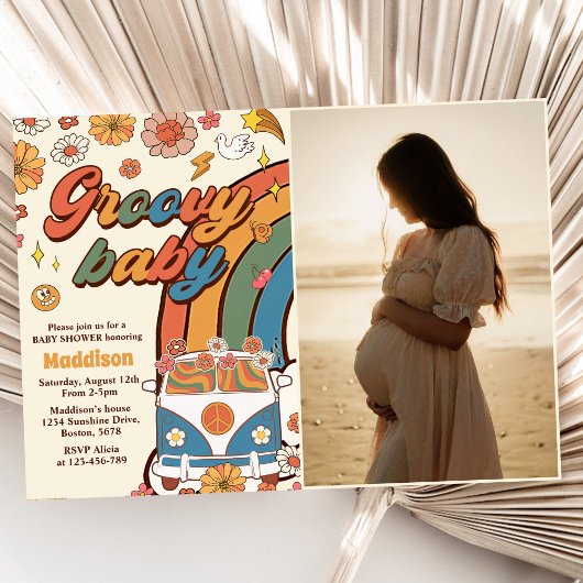 Groovyベビーレトロレインボーベビーシャワー写真 招待状
