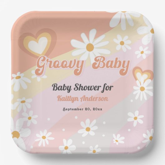 Groovyベビー70sデイジー花ハートパステルレインボー ペーパープレート (正面)