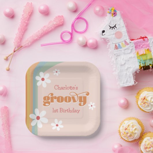 Groovyホワイトデイジー女の子の最初の誕生日パーティー ペーパープレート (パーティー)