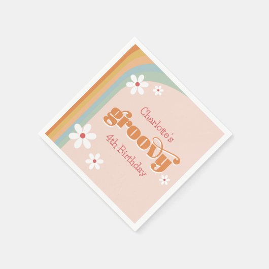 Groovyホワイトデイジー女の子の4番目の誕生日パーティー スタンダードカクテルナプキン (角)