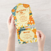 Groovyモダンデイジーフローラ黄色とオレンジ結婚色 オールインワン招待状 (貼ってはがせる)