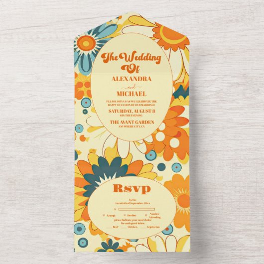 Groovyモダンデイジーフローラ黄色とオレンジ結婚色 オールインワン招待状 (内側)