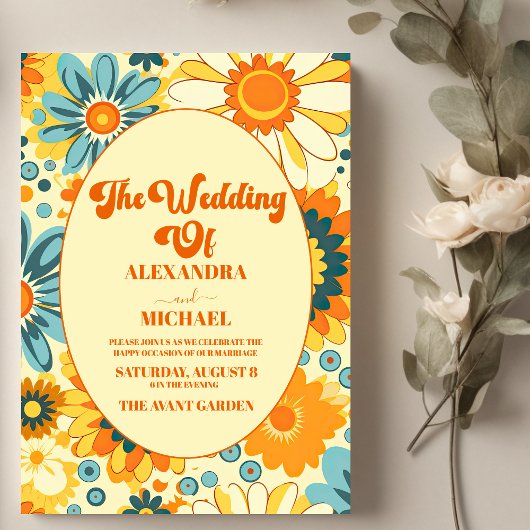 Groovyモダンデイジーフローラ黄色とオレンジ結婚色 招待状
