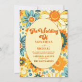 Groovyモダンデイジーフローラ黄色とオレンジ結婚色 招待状 (正面)