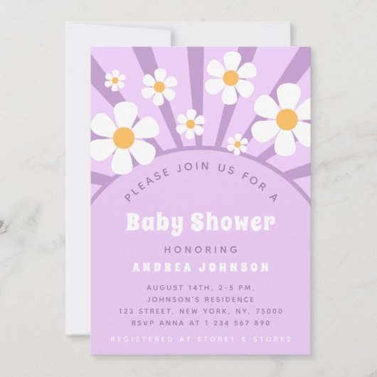 Groovyモダンレトロピンクパープルデイジーベビーシャワー 招待状 (正面)