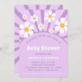 Groovyモダンレトロピンクパープルデイジーベビーシャワー 招待状 (正面/裏面)