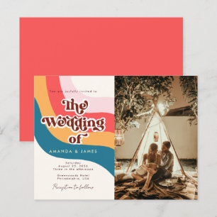 Groovyモダンレトロ70s波線フォト結婚ズ インビテーションポストカード