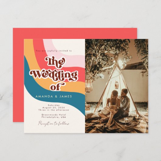 Groovyモダンレトロ70s波線フォト結婚ズ インビテーションポストカード (正面/裏面)