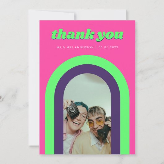 Groovyレインボーアーチホットピンク&グリーンレトロ結婚ズ サンキューカード (正面)