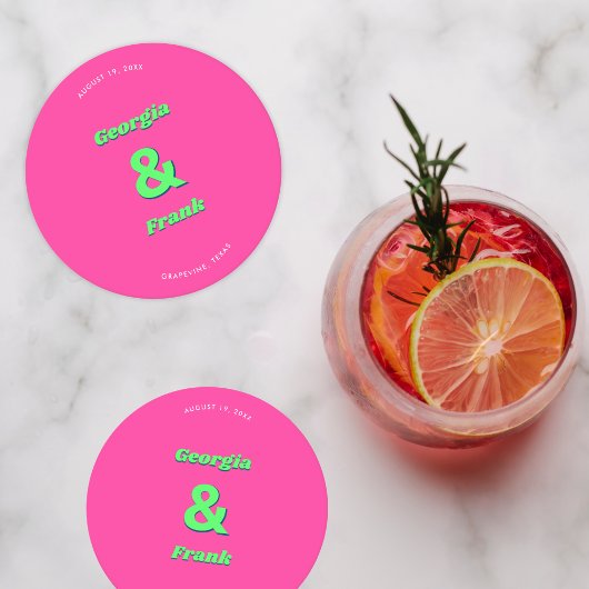 GroovyレトロアンパサンドHot Pink Whimsy 70結婚s ラウンドペーパーコースター