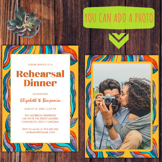 Groovyレトロイエローフォト結婚のリハーサルディナー 招待状