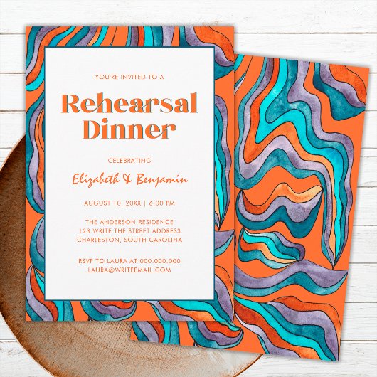 Groovyレトロオレンジウェー結婚ブのリハーサルディナー 招待状