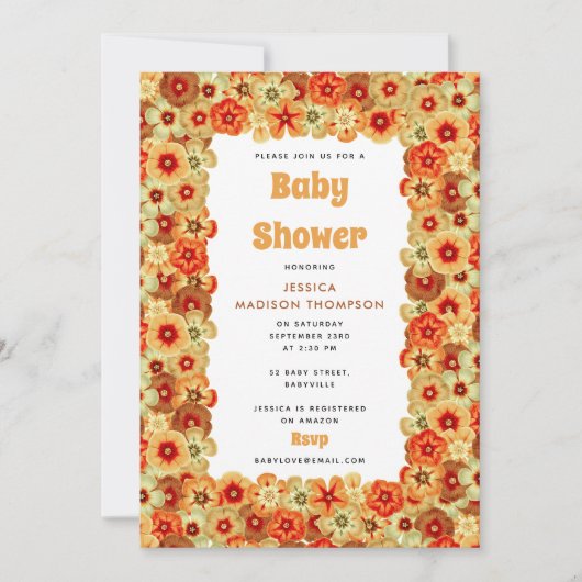 Groovyレトロオレンジヒッピー花ベビーシャワー 招待状 (正面)