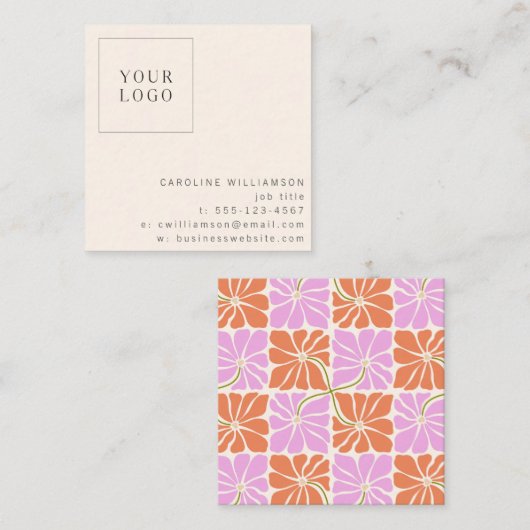 Groovyレトロオレンジピンクフローラロゴクリエイティブ スクエア名刺 (正面/裏面)