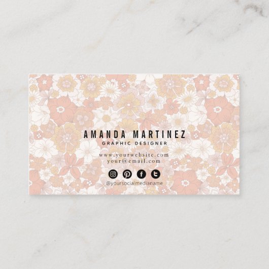 Groovyレトロオレンジフローラルパターンソーシャルメディア 名刺 (裏面)