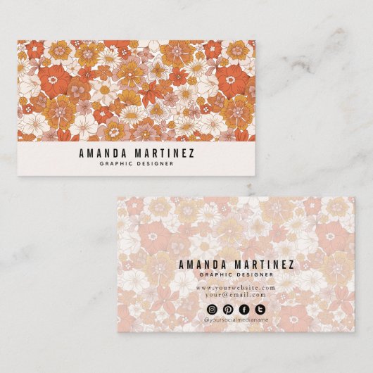 Groovyレトロオレンジフローラルパターンソーシャルメディア 名刺 (正面/裏面)
