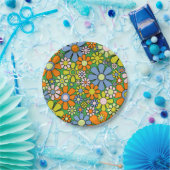 Groovyレトロカラフルフローラ60s 70sパターン ペーパープレート (パーティー)