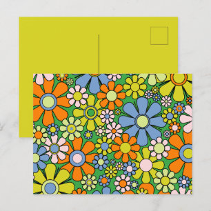 Groovyレトロカラフルフローラ60s 70sパターン ポストカード