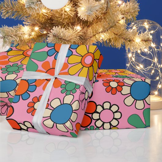 Groovyレトロカラフル60s 70sフローラルパターン ラッピングペーパー (クリスマス)