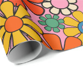 Groovyレトロカラフル60s 70sフローラルパターン ラッピングペーパー (ロールコーナー)