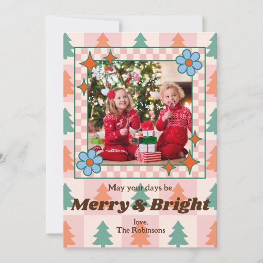 Groovyレトロクリスマスツリーパターンフォトフレーム シーズンカード (正面)