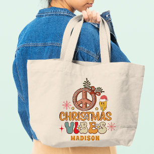 Groovyレトロクリスマスビーブスピースサイン名 ラージトートバッグ