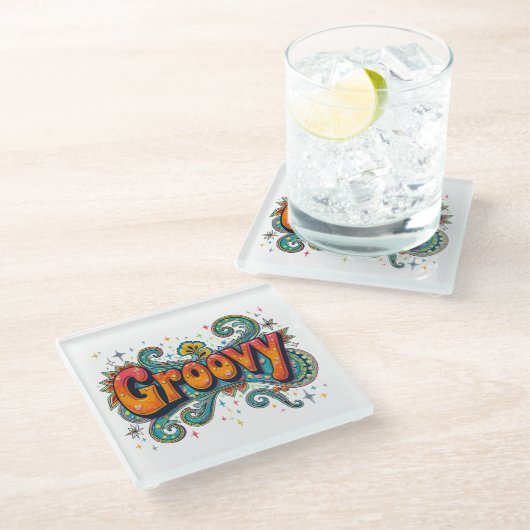 Groovyレトロサイケデリック70sヒッピーファンキーアート ガラスコースター (アングル)