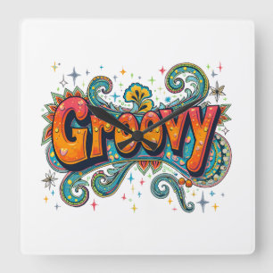 Groovyレトロサイケデリック70sヒッピーファンキーアート スクエア壁時計