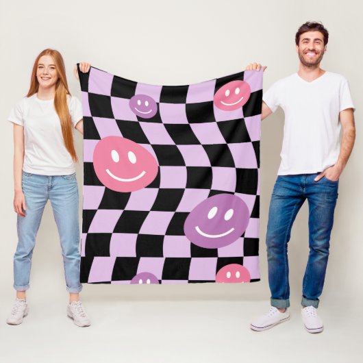 Groovyレトロスマイリーチェッカーボード, Y2K 90s フリースブランケット (インサイチュ)