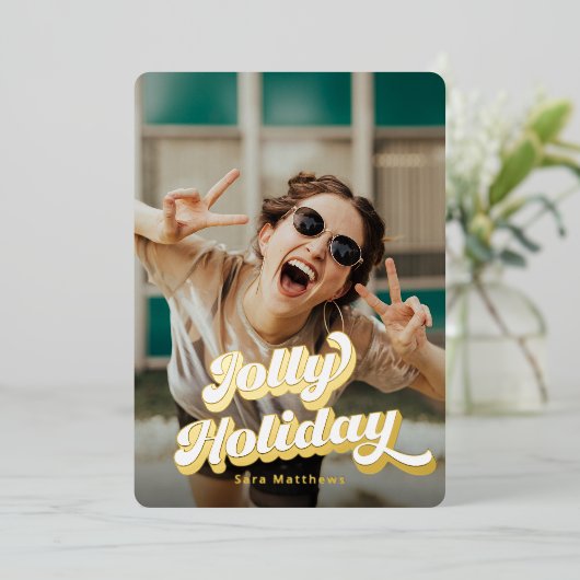 Groovyレトロタイポグラフィと金ゴールド 箔シーズンカード (立ち正面)