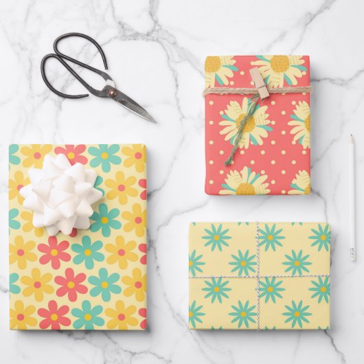 Groovyレトロデイジーイン黄ブルー ラッピングペーパーシート (正面)
