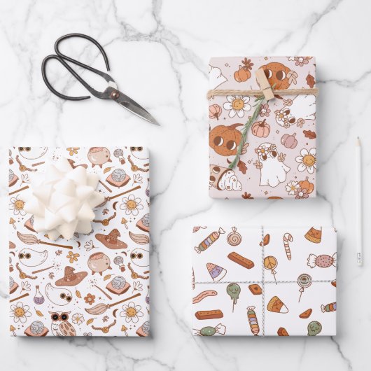 Groovyレトロハロウィーンニュートラルカラーズキッズ ラッピングペーパーシート (正面)