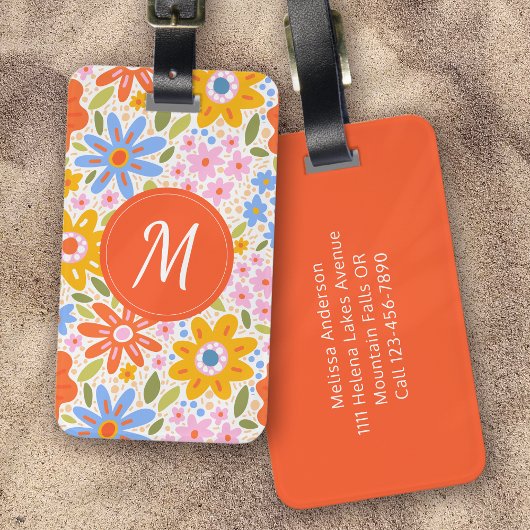 Groovyレトロパターンフローラモノグラム ラゲッジタグ