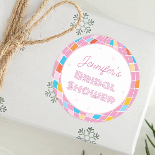 Groovyレトロピンクディスコボール70s 80sブライダルシャワー ラウンドシール