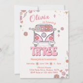 Groovyレトロピンクフラワーズ3st誕生日招待状 招待状 (正面)