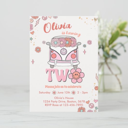 Groovyレトロピンク花2nd誕生日招待状 招待状 (スタンド正面)