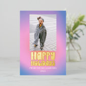 Groovyレトロピンク薄紫パステルキュート2枚の写真金ゴールド 箔シーズンカード (立ち正面)