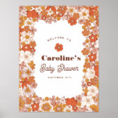 Groovyレトロフローラピンクオレンジ赤ちゃんシャワーサイン ポスター (正面)