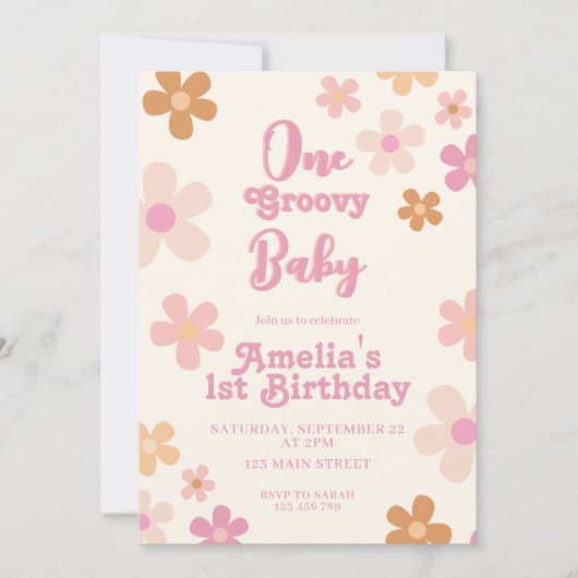 Groovyレトロフローラ1st誕生日 招待状 (正面)
