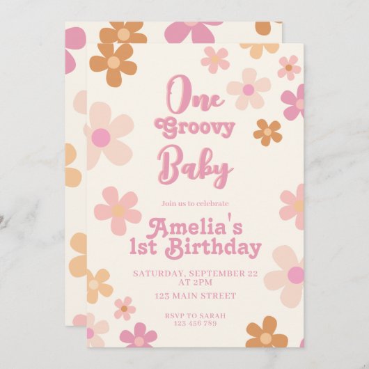 Groovyレトロフローラ1st誕生日 招待状 (正面/裏面)