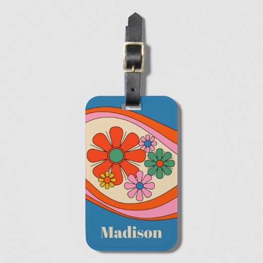 Groovyレトロフローラ60s 70s カラフル パーソナライズされた ラゲッジタグ (正面縦)