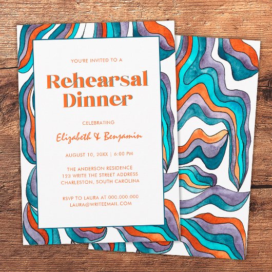 Groovyレトロブルーウェー結婚ブのリハーサルディナー 招待状