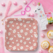 Groovyレトロモダンヒッピー60s 70sデイジー花ピンク ペーパープレート (パーティー)