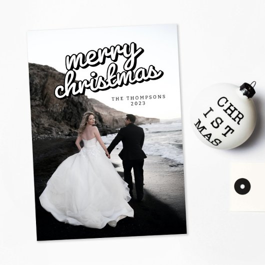 Groovyレトロモダンミニマルクリスマスフォトカード 招待状