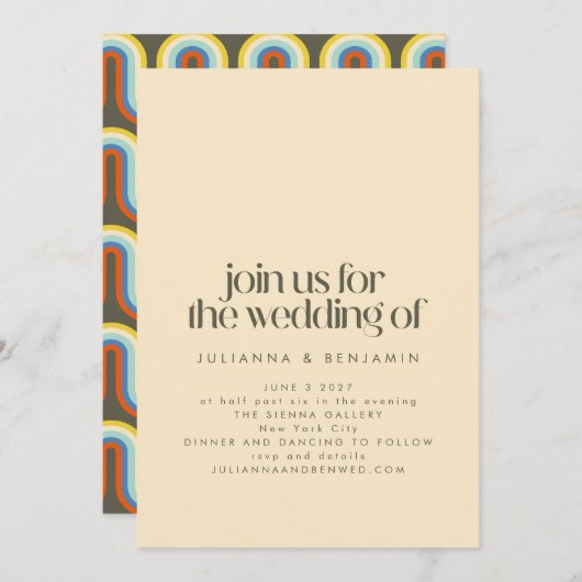 Groovyレトロモダン70sエステティックオリーブグリーン結婚ズ 招待状 (正面/裏面)