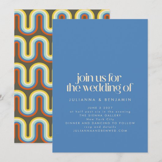 Groovyレトロモダン70sブルーとオリーブグリーン結婚ズ 招待状 (正面/裏面)