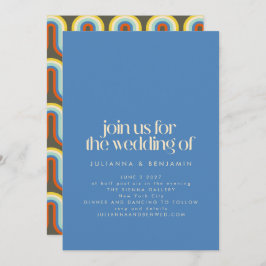 Groovyレトロモダン70sブルーとオリーブグリーン結婚ズ 招待状